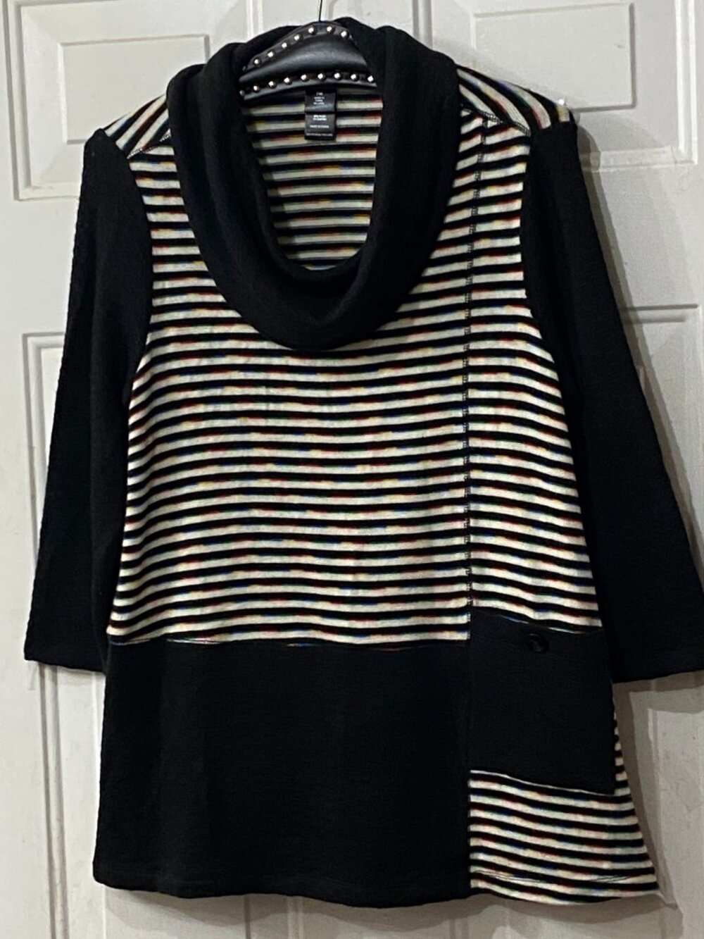 NEW Ali Miles Sz Mp Knit Tunic Sweater Cowl Neck 3/4 Sleeve Black/Multi Striped
